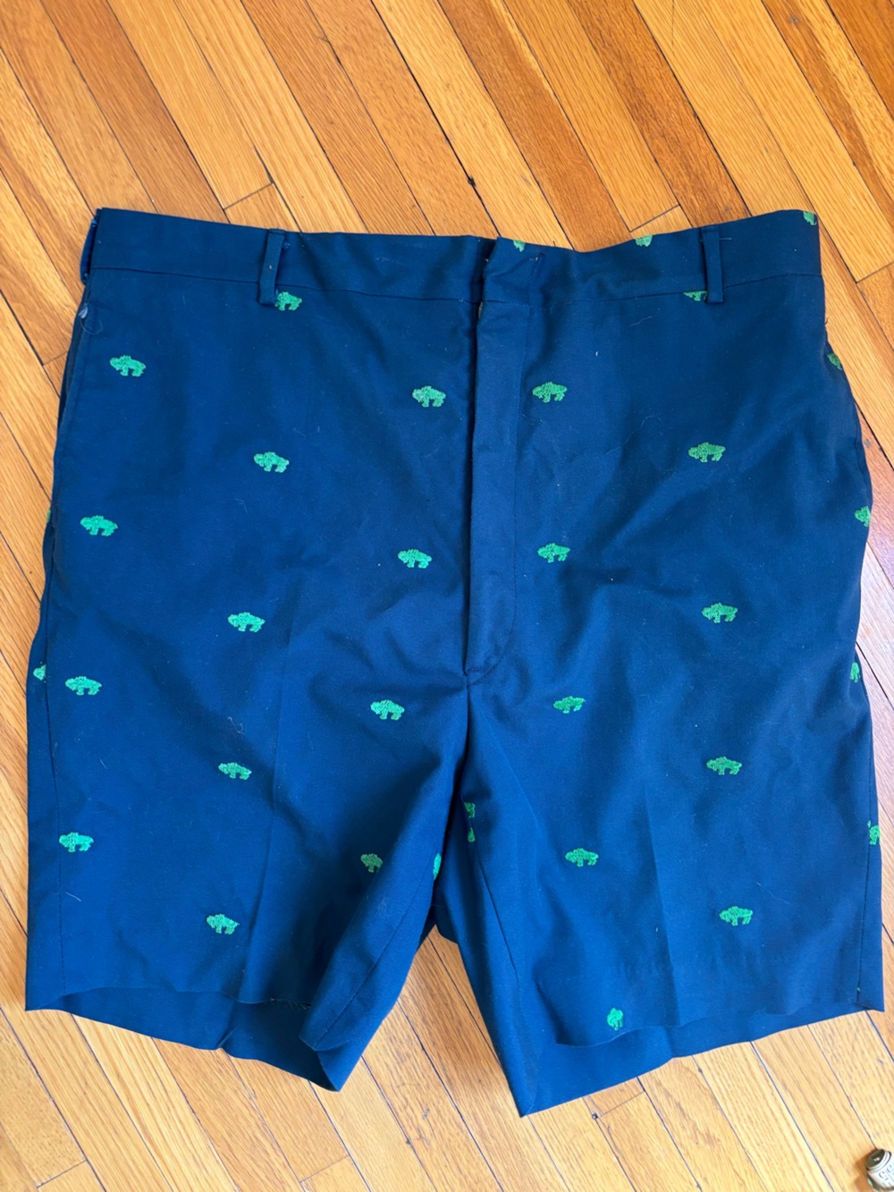 Vintage Men's Navy Embroidered Kelly Green Buffalos Flat Front Shorts
